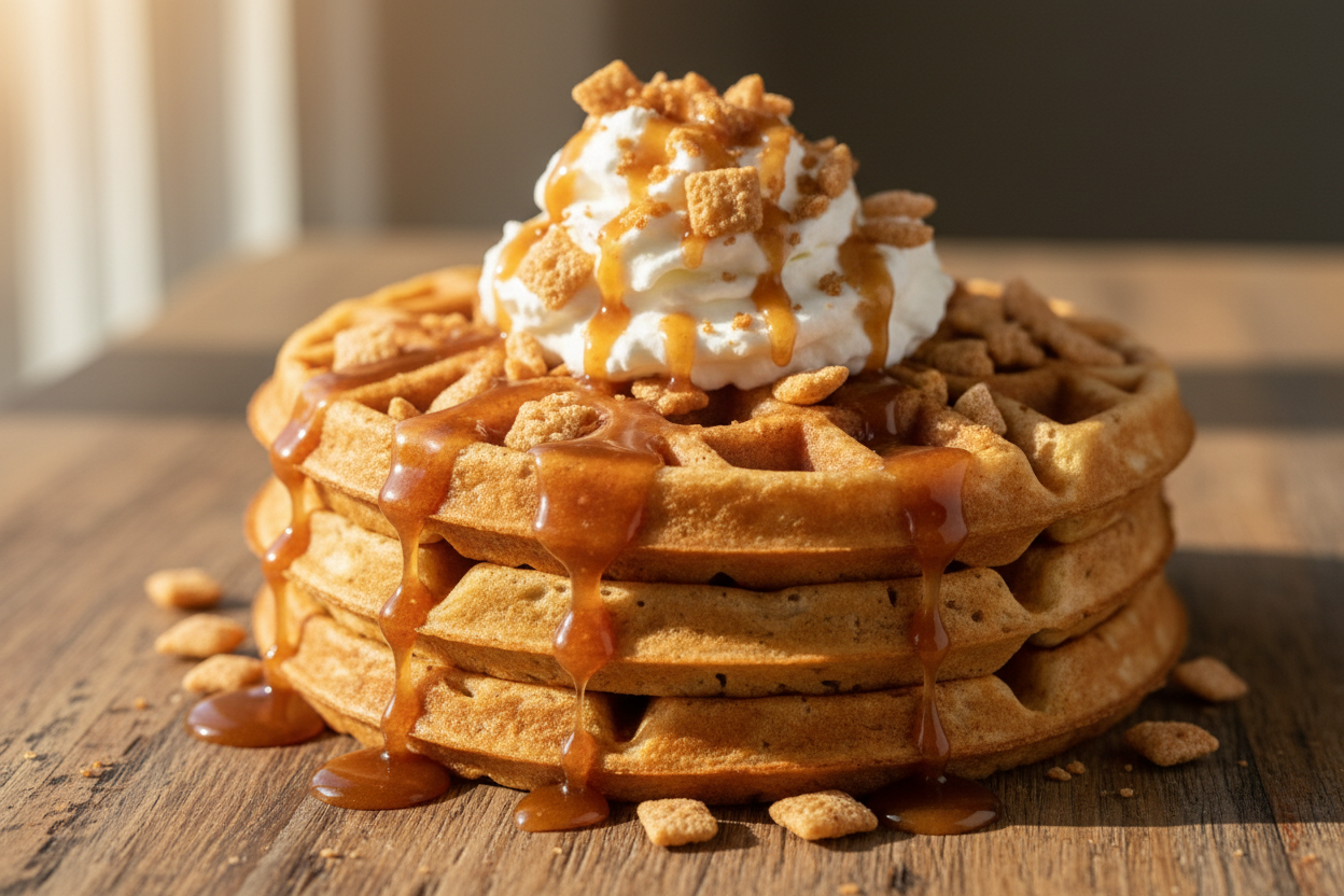 protein waffle topped with sugar-free syrup, whipped cream, and crushed Cinnamon Toast Crunch cereal.