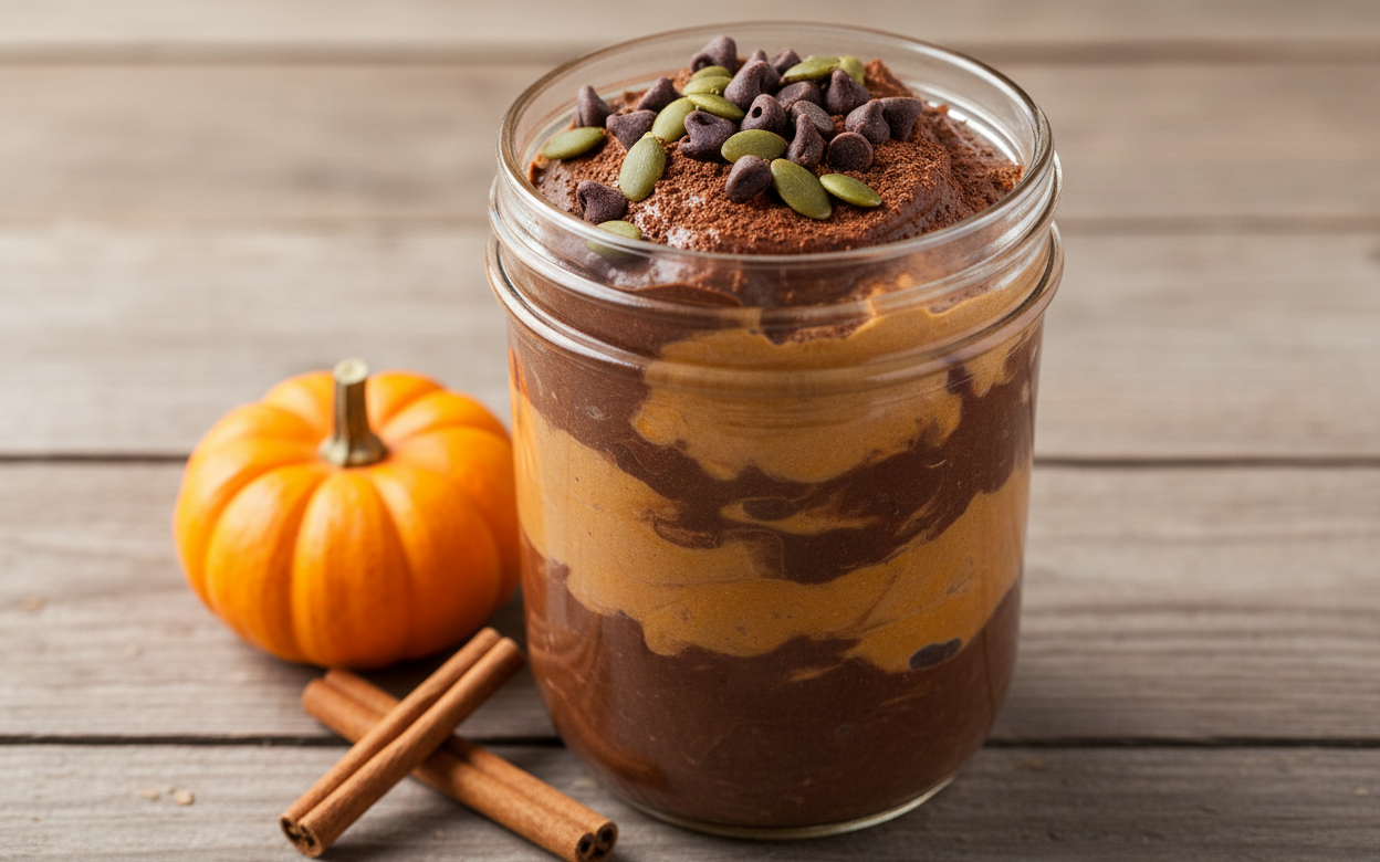 Chocolate pumpkin protein overnight oats with 38g protein per serving