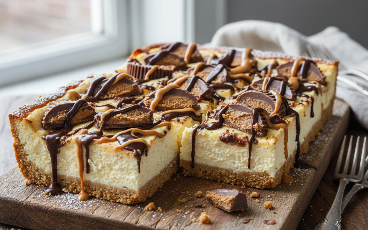 Protein cheesecake bars stuffed with sugar-free Reese's cups