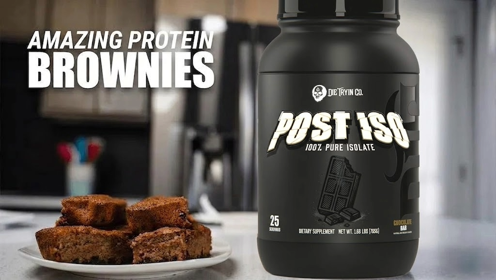Easy protein brownies with chocolate drizzle made with Post Iso Chocolate Bar