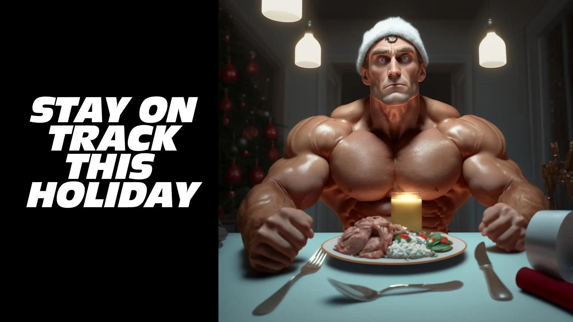 A built man sitting at dinner table with holiday headgear