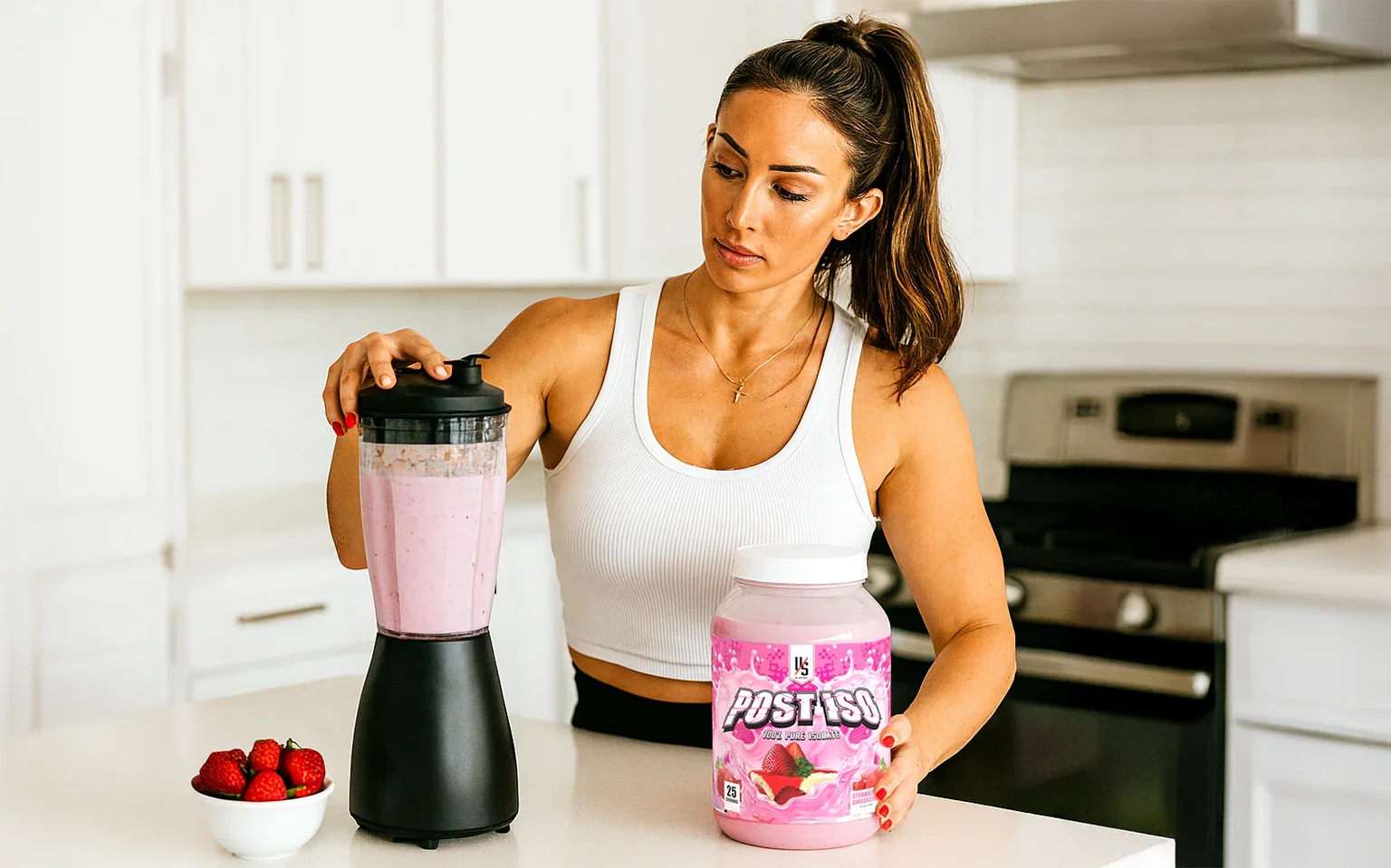 Three high-protein Post Iso recipes — mocha mug cake, strawberry smoothie, chocolate protein oatmeal
