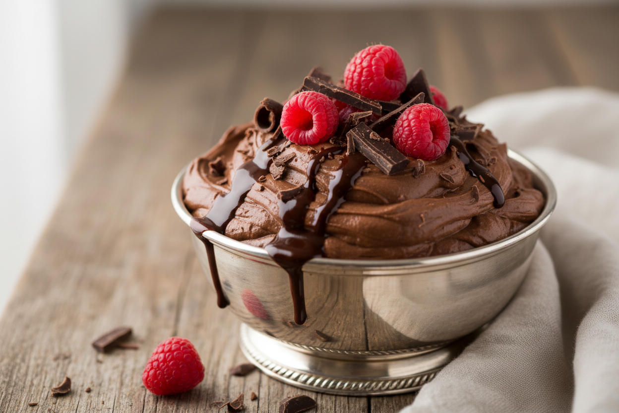Chocolate peanut butter protein mousse topped with raspberries