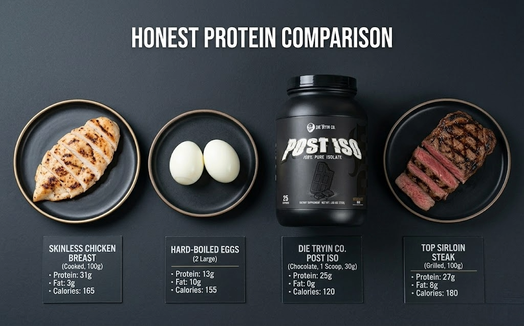 Honest protein comparison: chicken breast 31g, 2 hard-boiled eggs 13g, DTC Post Iso 24g, top sirloin steak 27g — macro and calorie breakdown for protein sources