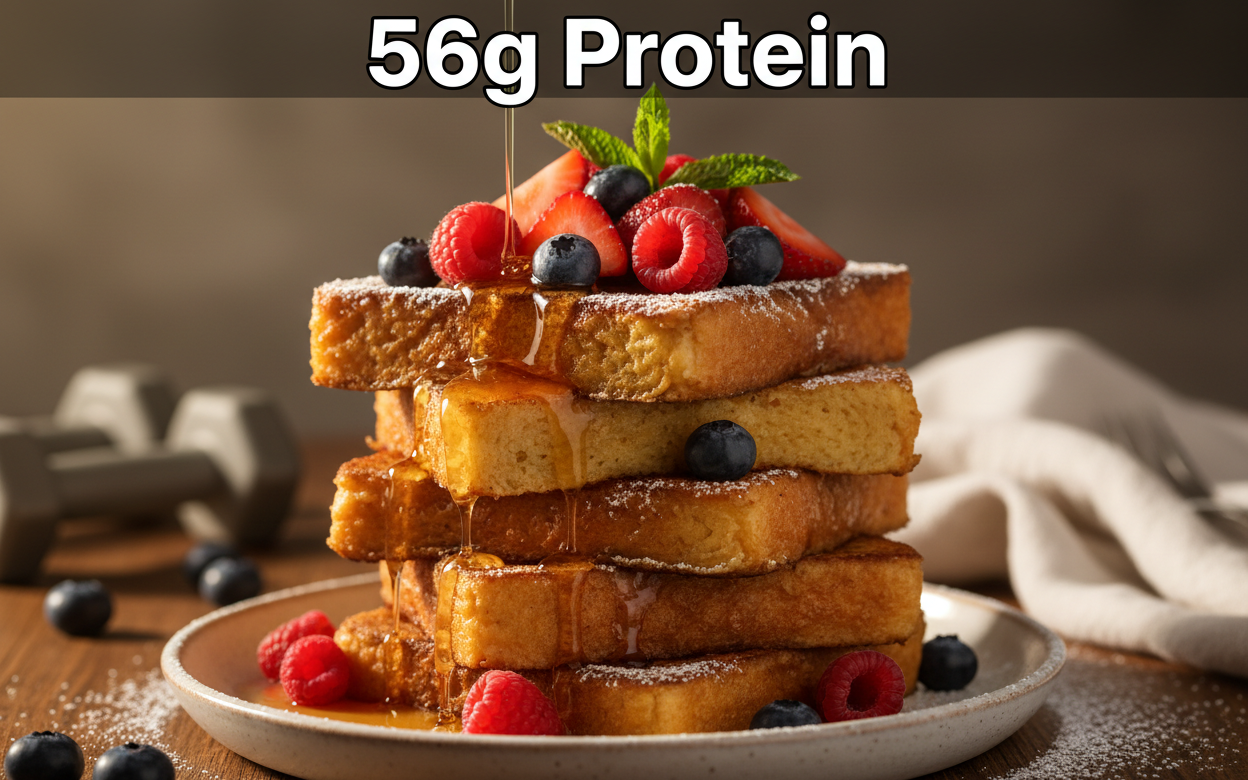 Protein french toast stack with sugar-free syrup, 56g protein