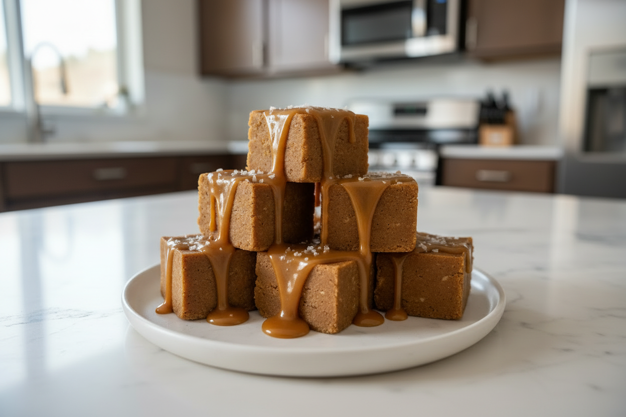 Salted caramel protein fudge cut into squares with peanut butter swirl and sea salt